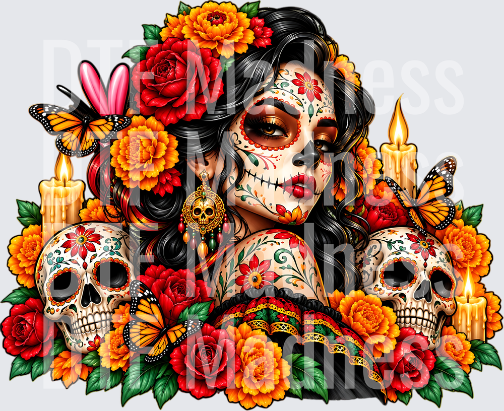 Vibrant Catrina Among Marigolds and Butterflies